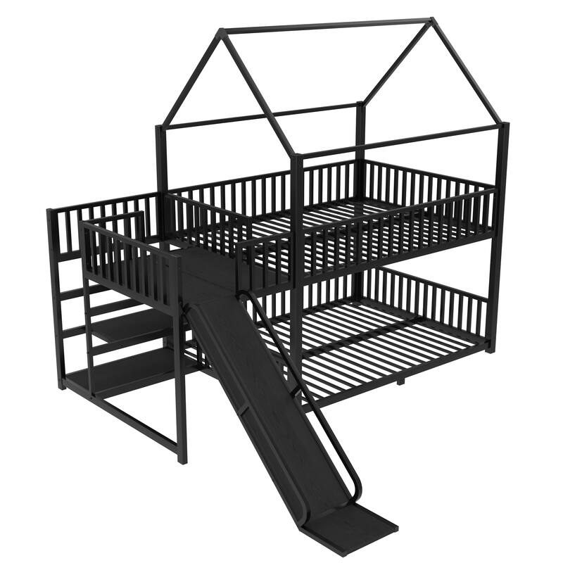 Modern Metal House Bunk Bed with Safety Guardrails, Heavy Duty Metal House Bed Frame with Storage Shelves and Slide