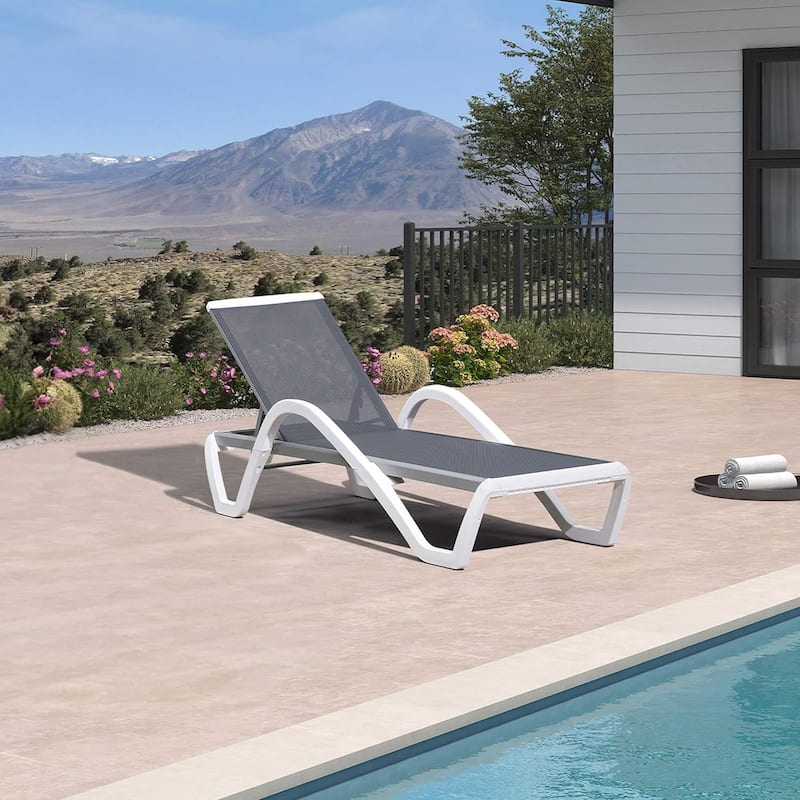 PURPLE LEAF Patio Chaise Lounge Chair Outdoor Plastic Textilene Lounger with 6 Adjustable Position for Outside Lawn Poolside - 1 Chair(Light Grey)