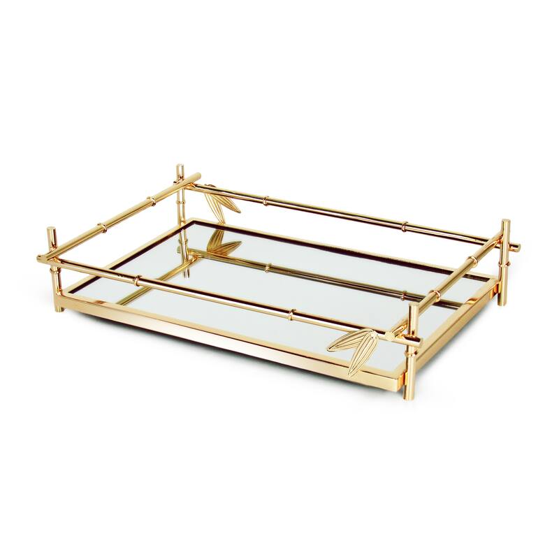 Gold Bamboo Style Rectangle Metal Mirror Decorative Tray Serving Platter