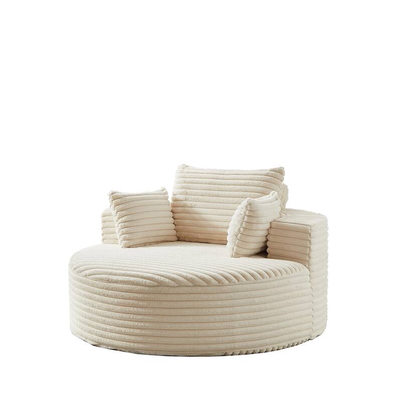 Corduroy Upholstered Single Sofa, Oversized Fluffy Round Sofa, Single Sleeper Reading Chair with Armrest & Pillow