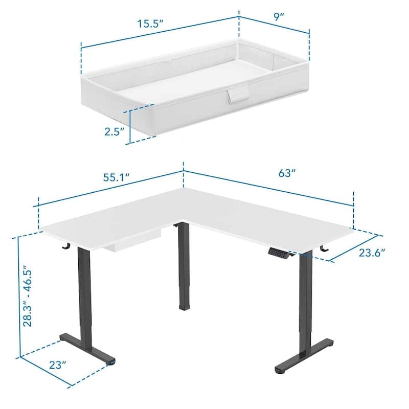 Mount-It! Large 63"W Electric Corner Adjustable Standing Desk, White/Black (MI-15017)