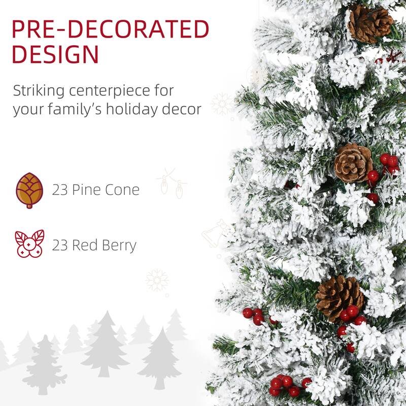 6FT Slim Snow Flocked Christmas Tree, Artificial Pencil Tree with 600 Branches, Pine Cones & Red Berries