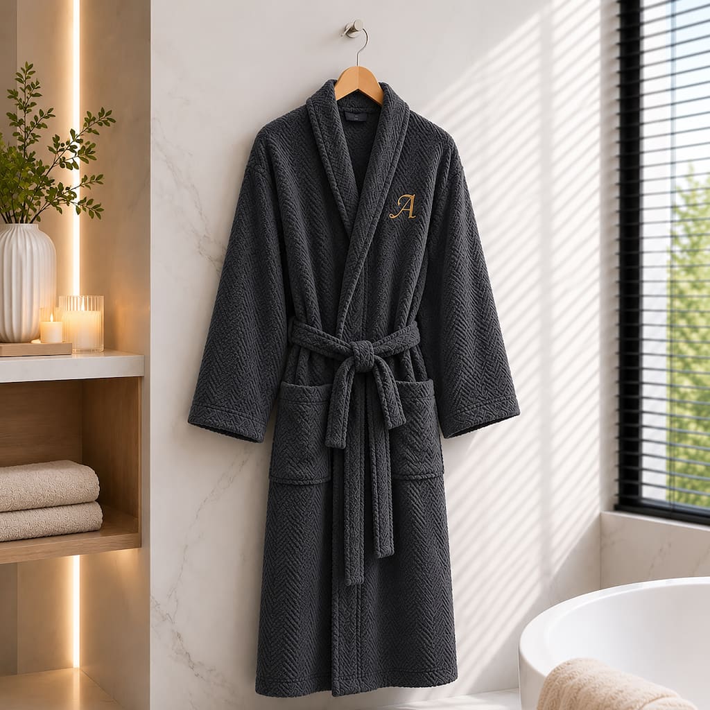 Authentic Hotel and Spa Charcoal Grey with Gold Monogrammed Herringbone Weave Turkish Cotton Unisex Bath Robe
