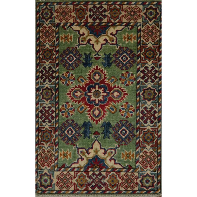Hand Knotted Oriental 100% Wool Carpet Traditional Geometric Green Kazak Area Rug - 3' 1'' X 2' 0''