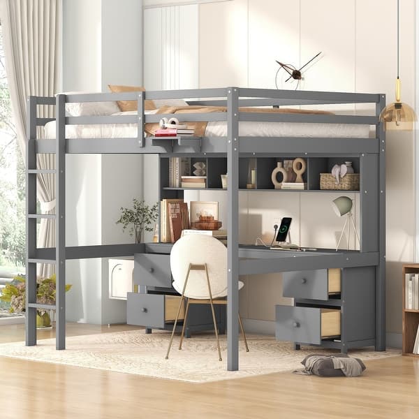 slide 2 of 10, Full Size Loft Bed with Desk, Cabinets, Drawers and Bedside Tray, Charging Station, Gray