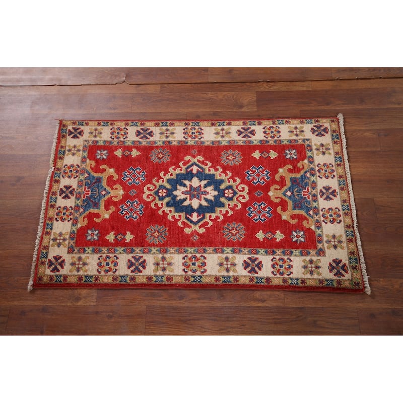 Red Geometric Kazak Foyer Rug Hand-Knotted Wool Carpet - 1'11" x 3'2"