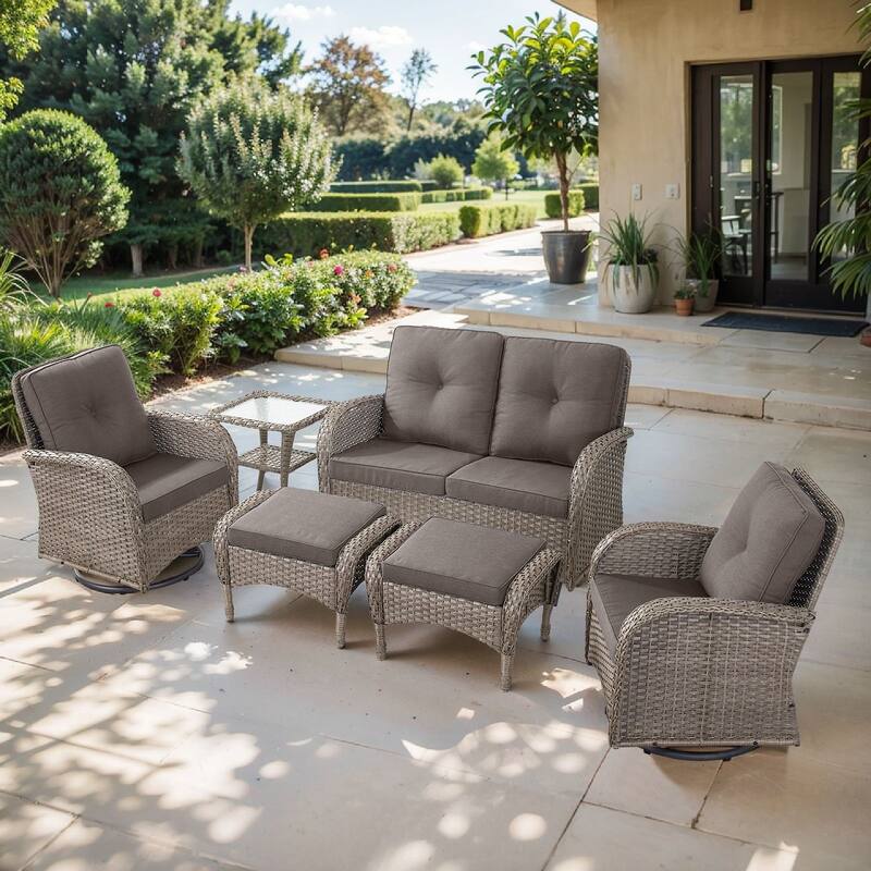 Pocassy 6 Pieces Glider Sofa with Swivel Chairs Ottomans Table - Gray Wicker - Gray cushion