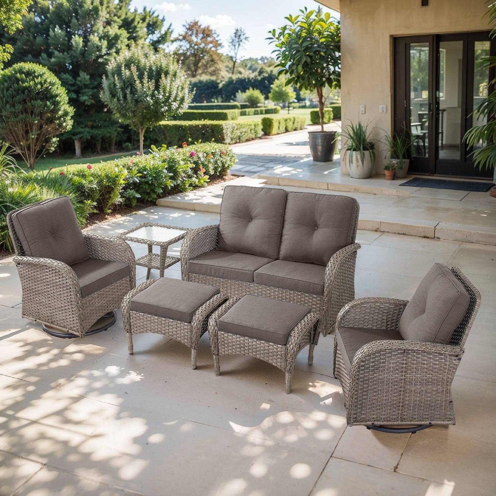 Pocassy 6 Pieces Glider Sofa with Swivel Chairs Ottomans Table