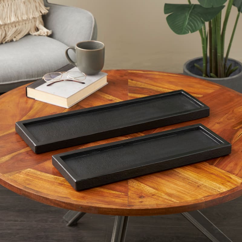 Black Marble Minimalistic Slim Textured Living Room Decor Tray (Set of 2) - Black - 22", 18"W
