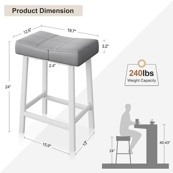 dimension image slide 0 of 4, Set of 2 Ergonomic 24" Counter Height Bar Stools with Curved PU Leather Seat, Metal Frame, Integrated Footrest, Supports 240 lbs