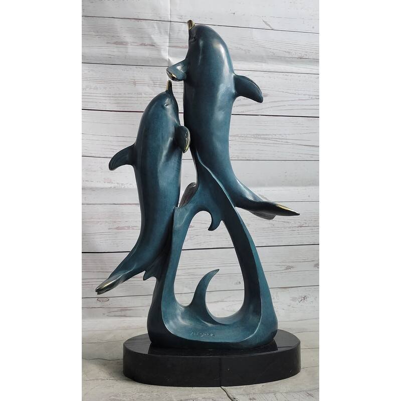Hot Cast Bronze Leaping Imitative Dolphins Marine Life Sculpture Statue Decor Original Art