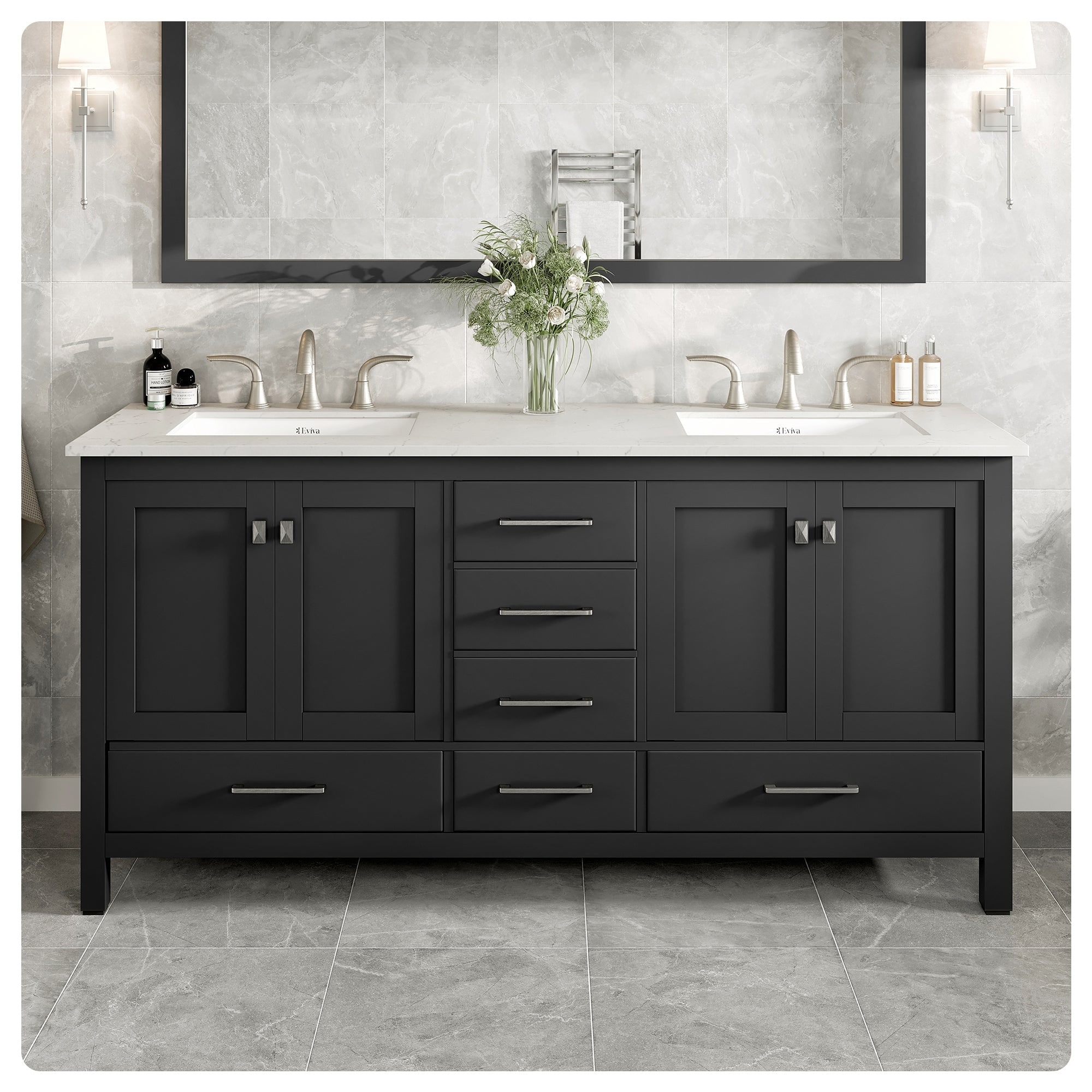 Eviva Aberdeen 72 in. W x 22 in. D x 34 in. H Double Bath Vanity in Gray with White Carrara Marble Top with White Sinks