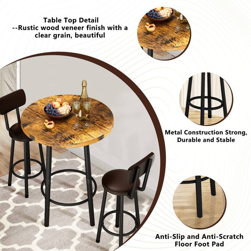 3 Piece Pub Dining Set, Kitchen Counter Height Bistro Set, Round Bar Table and 2 Stools for Living Room and Small Space