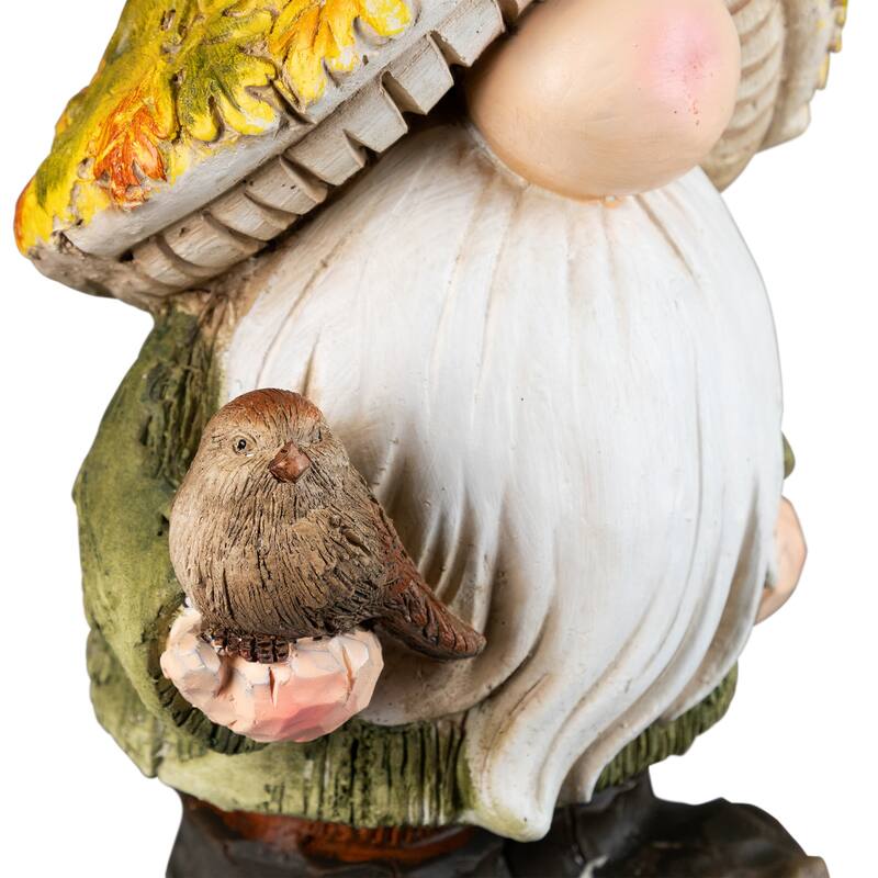 Fall Harvest Gnome in Maple Leaf Mushroom Hat Holding Bird - 16.5"