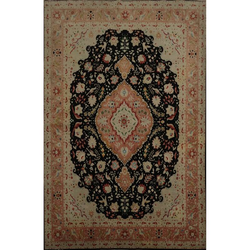 Hand Knotted Oriental Wool & Silk Carpet Traditional Floral Black Tabriz Area Rug - 6' 7'' X 4' 10''