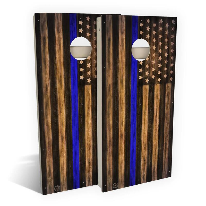 Charred Police Thin Blue Line Outdoor Cornhole Board Set - Backyard 2x4 - Include Carrying Case