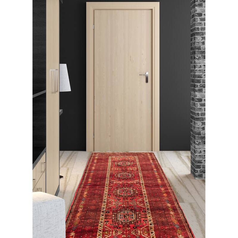 Hand-knotted Authentic Turkish Red Wool Rug - 3'11" x 10'2" Runner/3'11 x 10'2