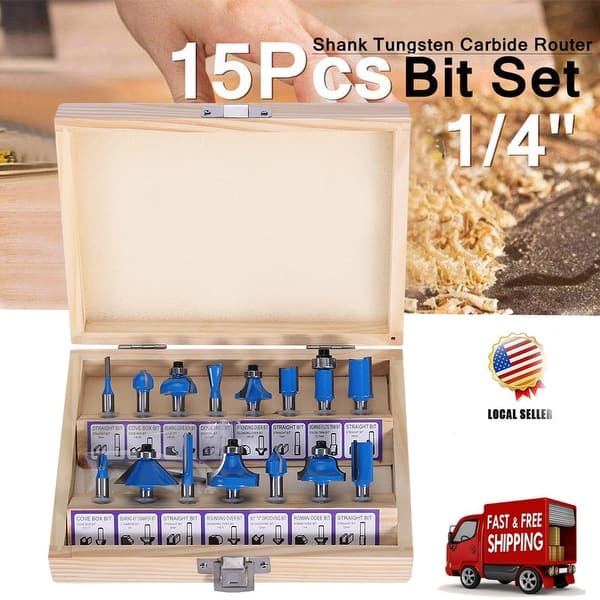 slide 2 of 9, 15PCS Tungsten Carbide Router Bit Set 1/4" For Woodworking Wood Milling Cutter Woodworking Tool with Storage Case Blue