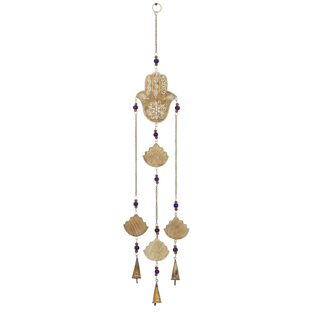 Mango Wood Buddha Handmade Hamsa Indoor Outdoor Windchime with Glass Beads and Cone Bells - Brown - Roche River Decor