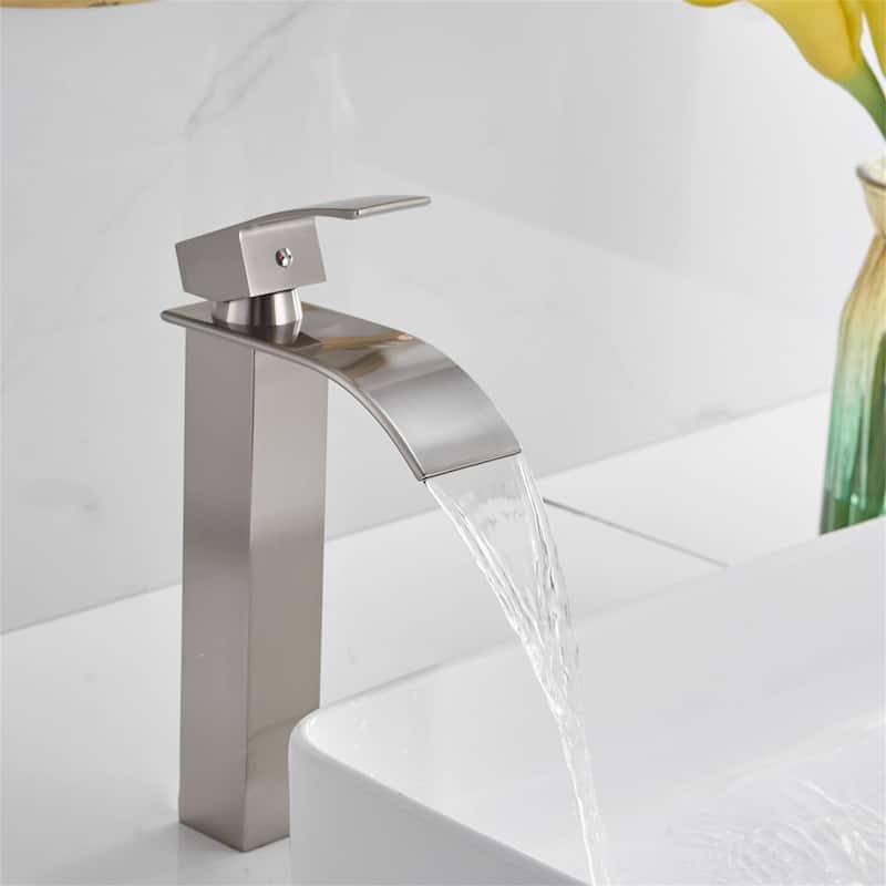 Waterfall Bathroom Vessel Faucet With Drain Assembly Single Handle Bathroom Vessel Sink Faucets 1 Hole Lavatory Vanity Basin Tap - Brushed Nickel