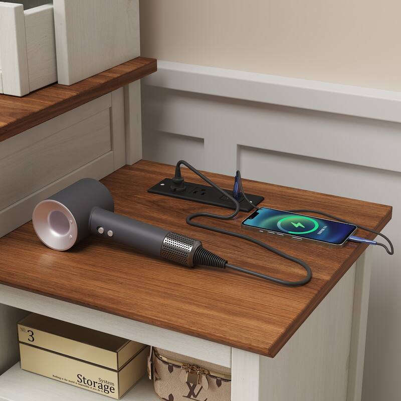 46.5'' Farmhouse Makeup Vanity Desk with Adjustible LED Lighted Mirror and Charging Station for Bedroom