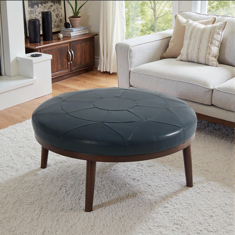 34.5" W Full-Grain Genuine Italian Leather Ottoman by Lumibee - Navy Blue