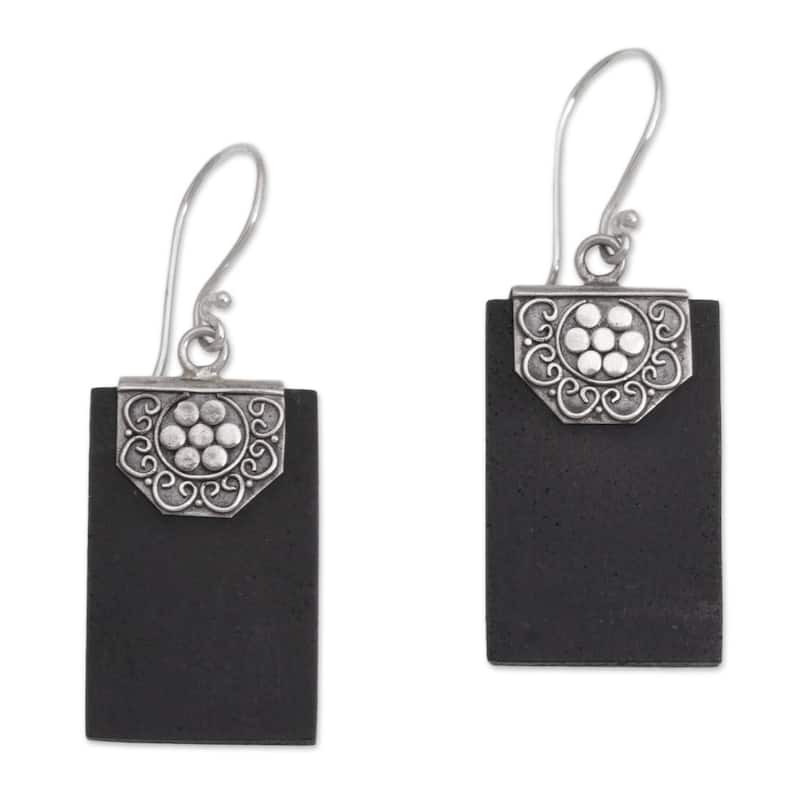 Handmade Sterling Silver Lava Stone Bars of Midnight Earrings (Indonesia) - 1.7*0.6