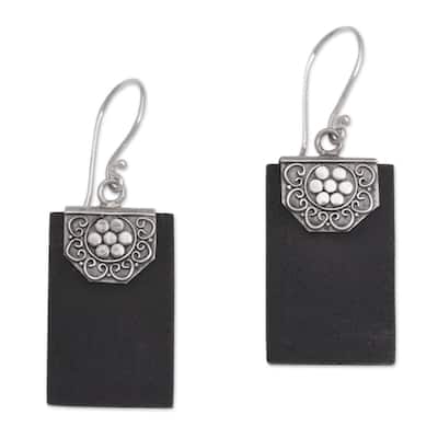 Handmade Sterling Silver Lava Stone Bars of Midnight Earrings (Indonesia) - 1.7*0.6