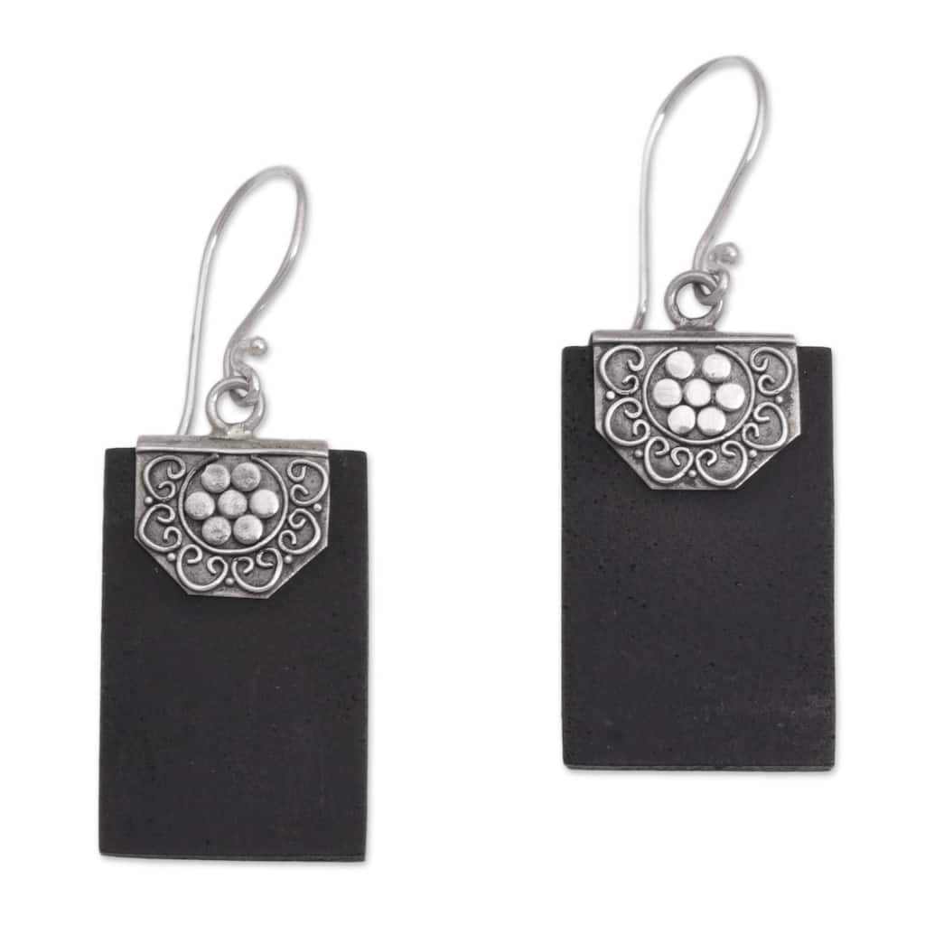 Handmade Sterling Silver Lava Stone Bars of Midnight Earrings (Indonesia) - 1.7*0.6