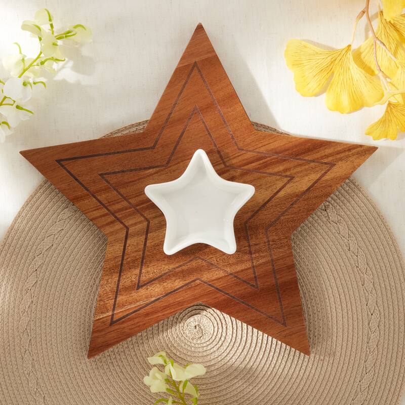 Tabletops Gallery Set of 2 Star Acacia Serving Board with Ceramic Bowl