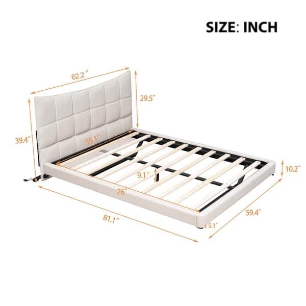 Full Size Upholstered Platform Bed with LED Lights, USB Ports and Outlets, Linen Fabric, Beige