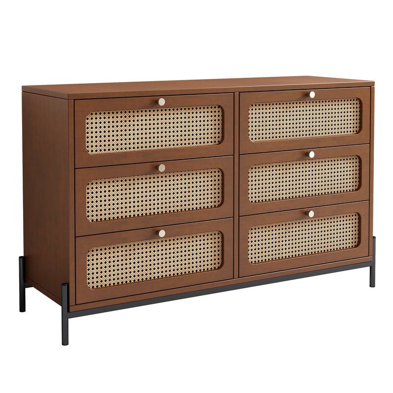 Modern Wood Storage Cabinet with 6 Rattan Drawers for Bedroom, Living Room, Entryway