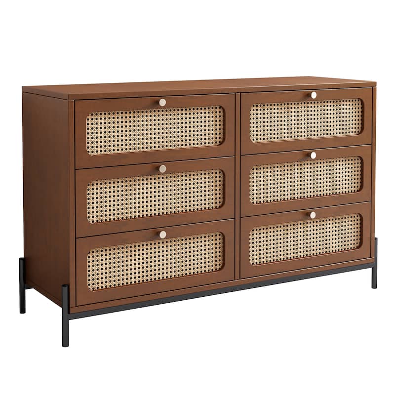 Rattan Dresser for Bedroom with 6 Drawer,Wood Durable Dressers & Chests of Drawers with Metal Legs