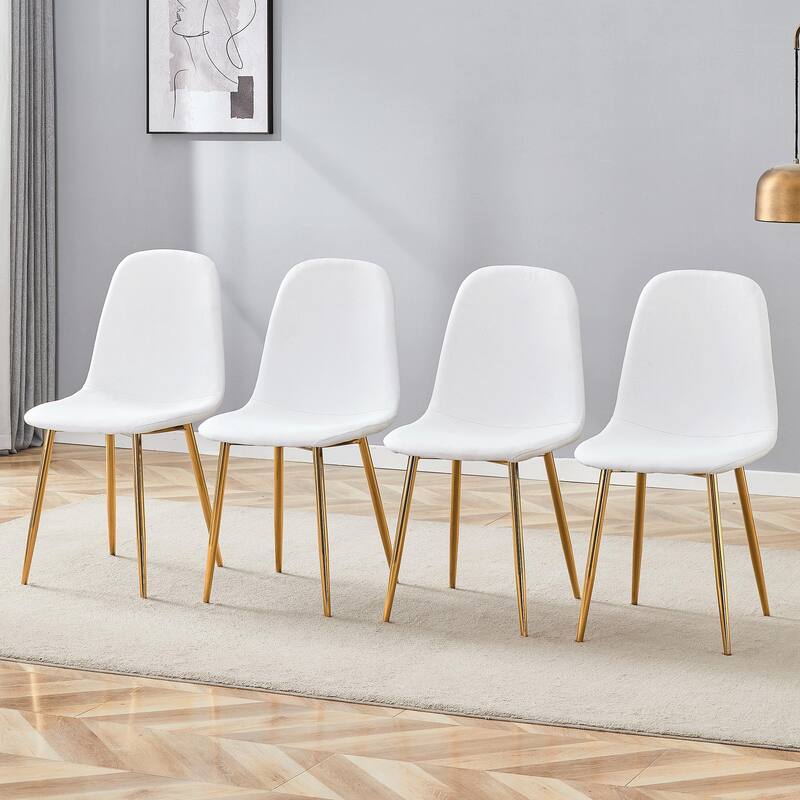 Luxury Simple Chair - Set of 4 Linen Material High Resilience Dining Chair with Metal Leg - White+Gold