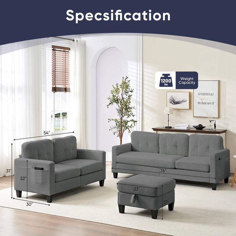 Mixoy 76'' L-Shaped Sofa Set,Corduroy Sectional Sofa,Mid Century 3-Seater Sofa with Storage Ottoman/Loveseat/Single Sofa