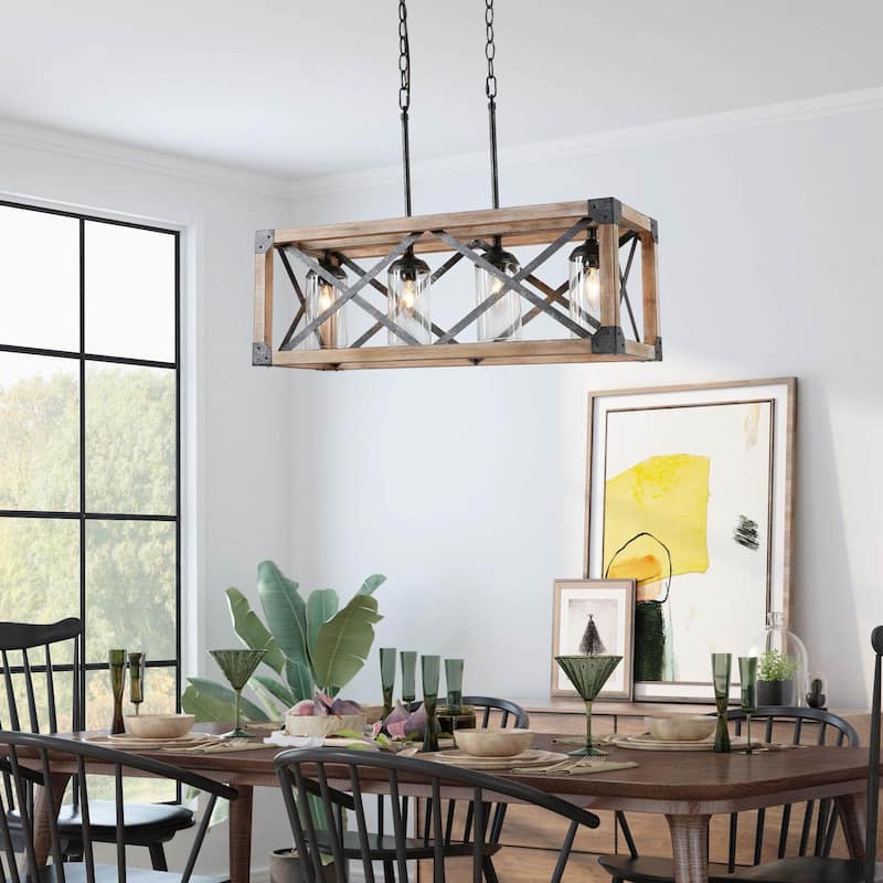 Modern Farmhouse 4-Light Wood Cage Chandelier Glass Shade Kitchen Island Lights - Taupe - L27.5"xW10"xH80.5"