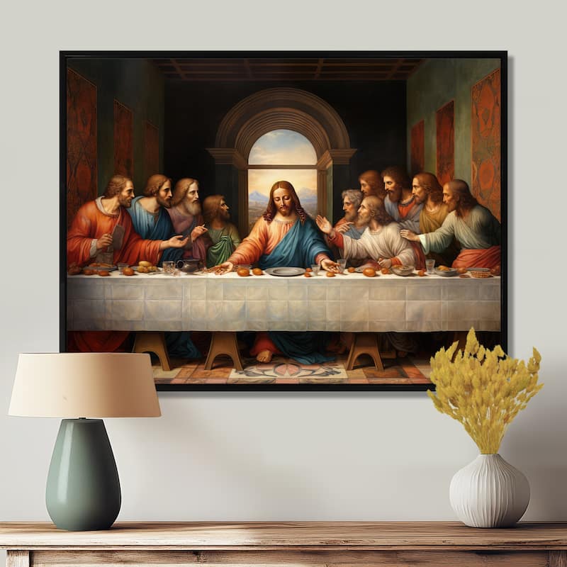 Designart "Masterpiece The Last Supper Of Today" Spiritual Framed Wall Decor - 32 in. wide x 16 in. high - Black