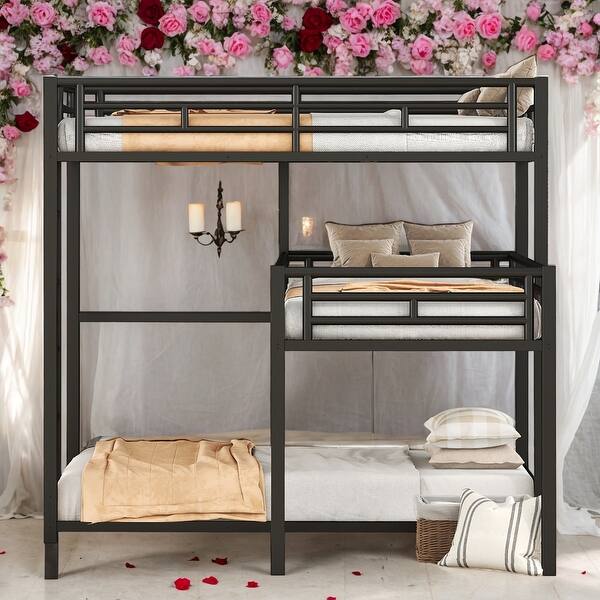 slide 2 of 9, Multifunctional L-shaped Metal Triple Twin Size Bunk Bed for Home Black