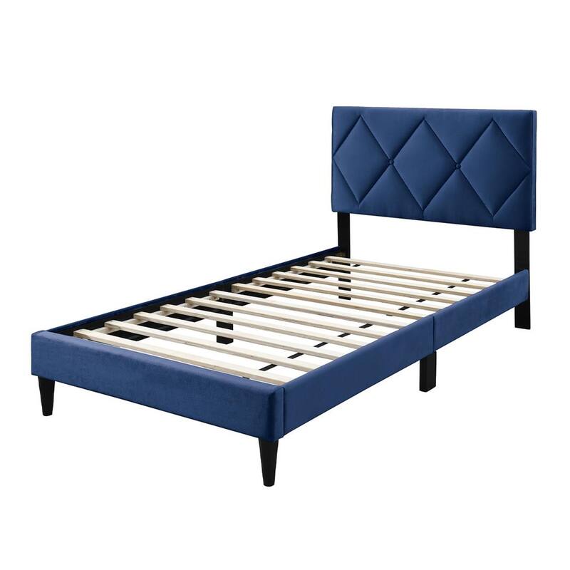 Lilian Twin Bed, Tufted Navy Blue Velvet Upholstery, Diamond Stitch