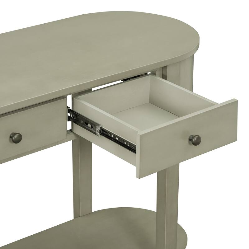 Curved Console Table with 2 Storage Drawers and Metal Handles, Wooden Hallway Tables Entryway Table wOpen Storage Shelf