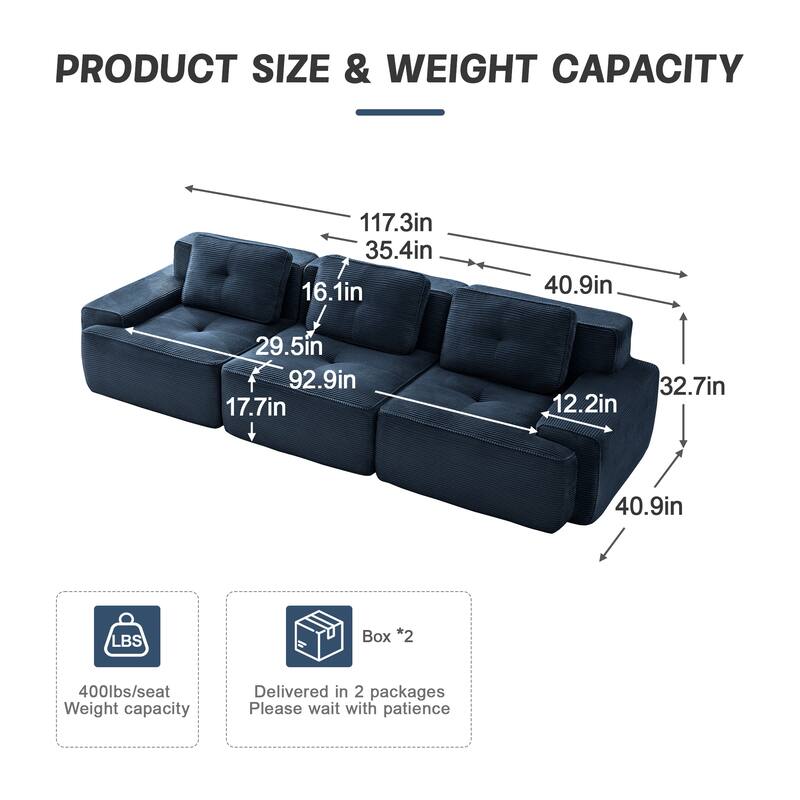 117" Floor Corduroy 3-Seater Sectional Sofa Couch with Tufted Design