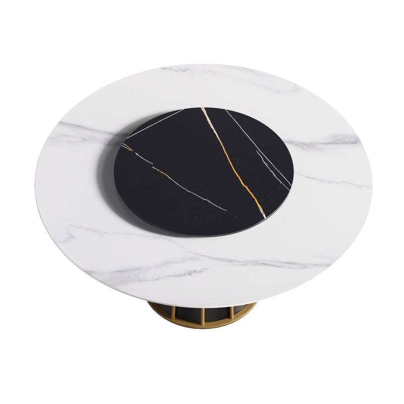 Round Metal Pedestal Dining Table Round Sintered Stone Table with Lazy Susan