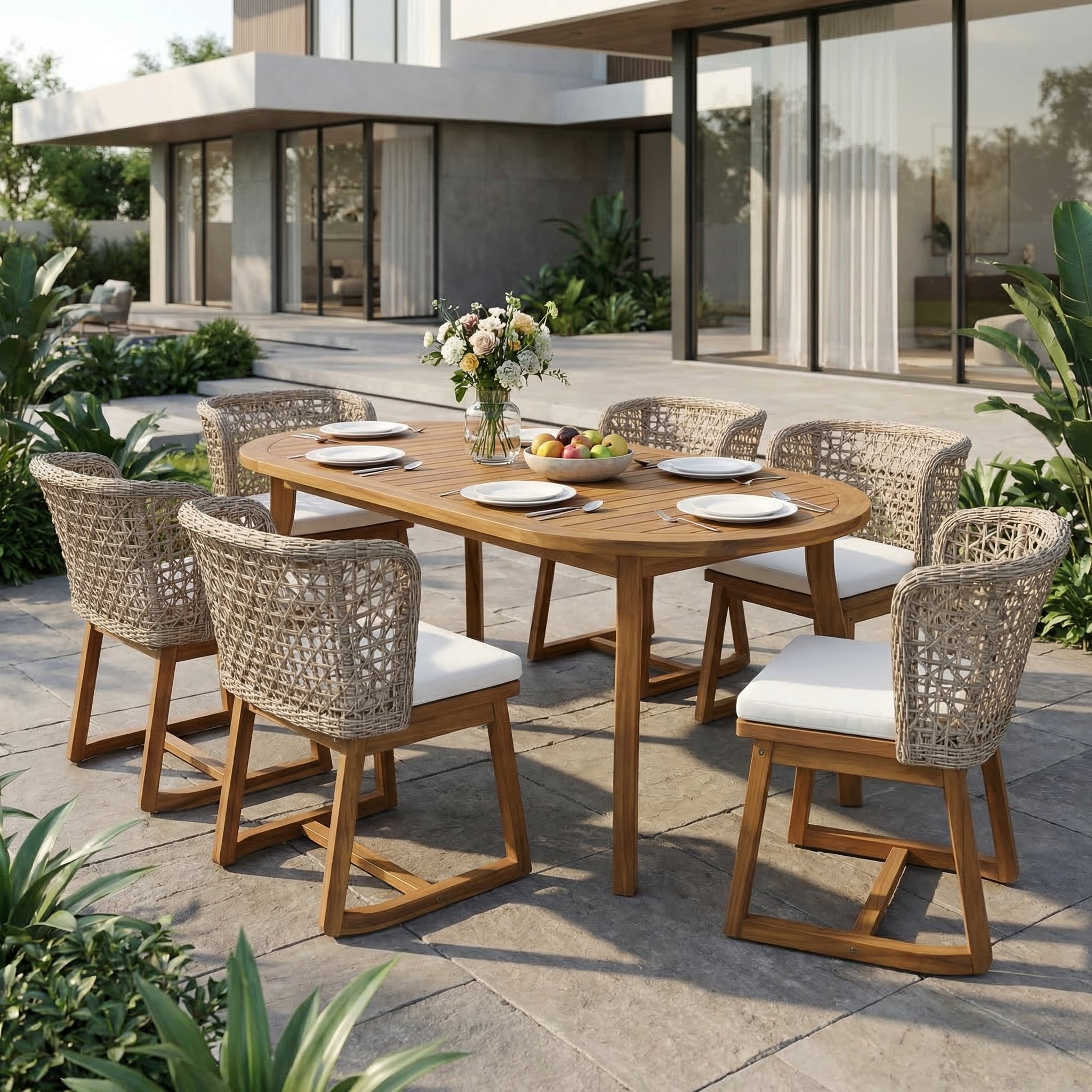 Christopher Knight Home - Boho Outdoor Solid Acacia Wood 7-Piece Oval Dining Table Set with Wicker Chairs and Cushions