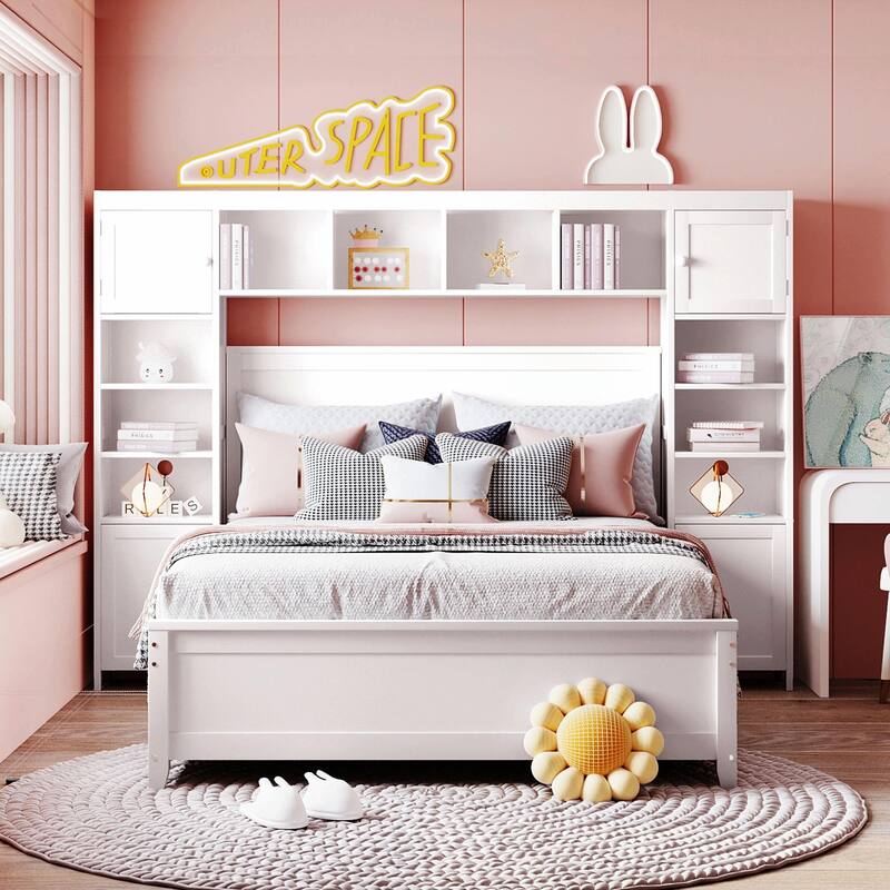 Wooden Bed with Built-in Cabinet, Shelf, and Sockets