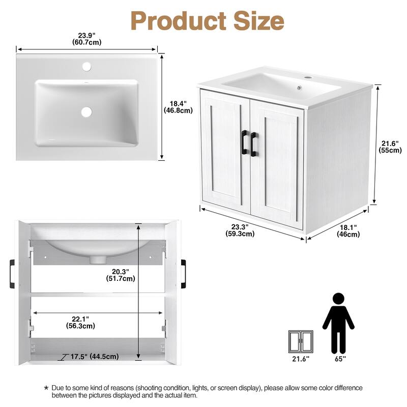 Anmytek 24'' Floating Bathroom Vanity Sink Combo Wall Mounted Cabinet with Soft Close Door
