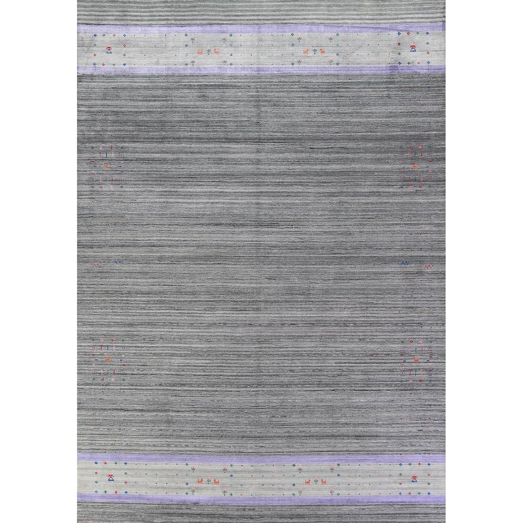 Hand Knotted Oriental 100% Wool Carpet Tribal Stripe Greys & Charcoal Gabbeh Area Rug - 12' 6'' X 9' 3''