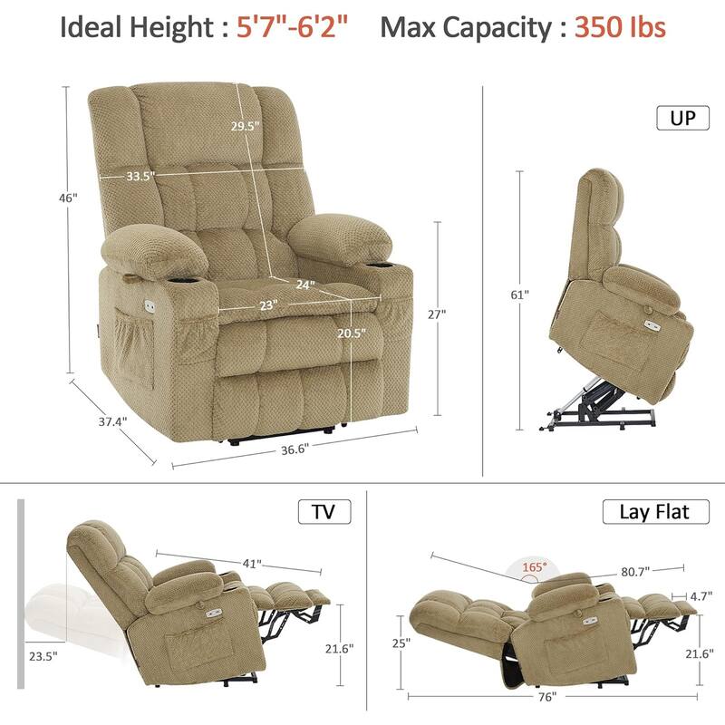 MCombo Large Dual Motor Power Lift Recliner Chair Sofa with Massage and Heat for Tall Elderly People, Fabric 7896