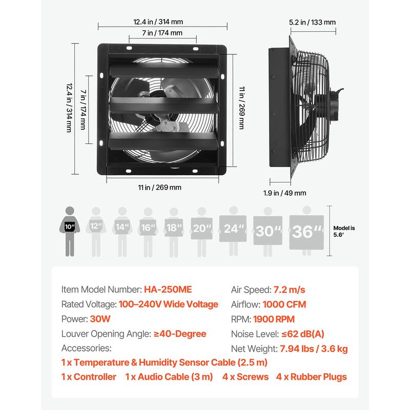 10 inch Shutter Exhaust Fan, Attic Vent Fan with Smart Programming Variable Speed Temperature Control, 1000 CFM, EC Motor, Timer