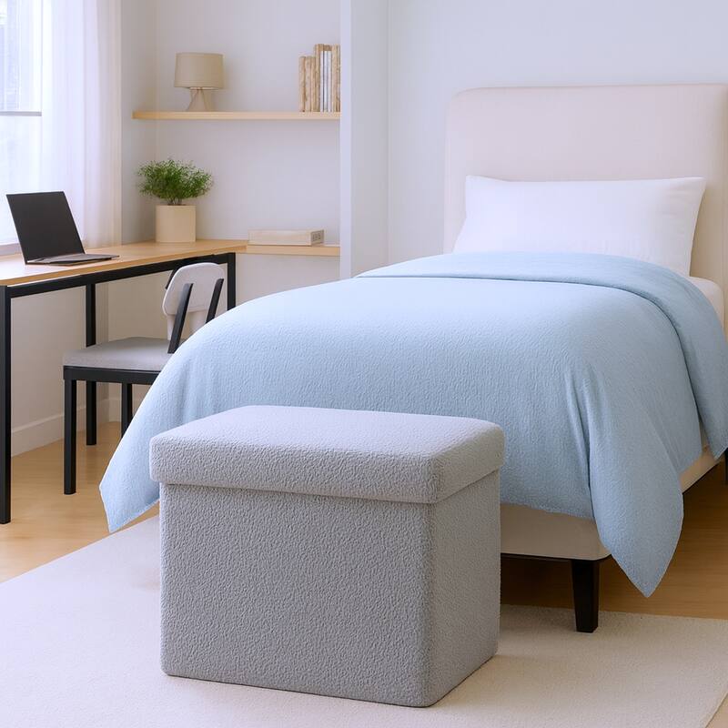 HomeRoots 15" White Boucle Cube Storage Ottoman - Gray