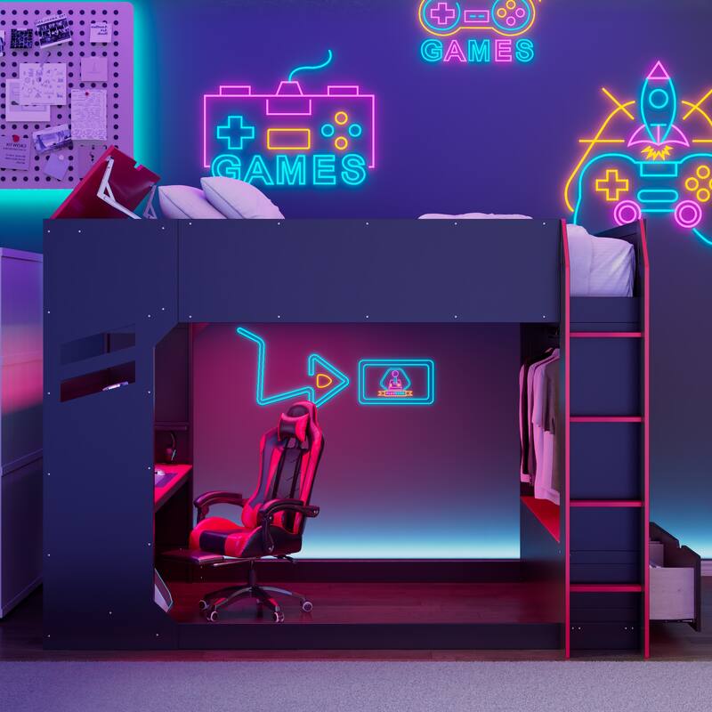 Full Size Gamer Loft Bed with Adjustable Desk, RGB Light Strip and Charging Station by Harper&Bright Designs